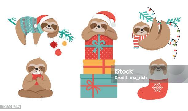 Cute Sloths Funny Christmas Illustrations With Santa Claus Costumes Hat And Scarfs Greeting Cards Set Banner Stock Illustration - Download Image Now