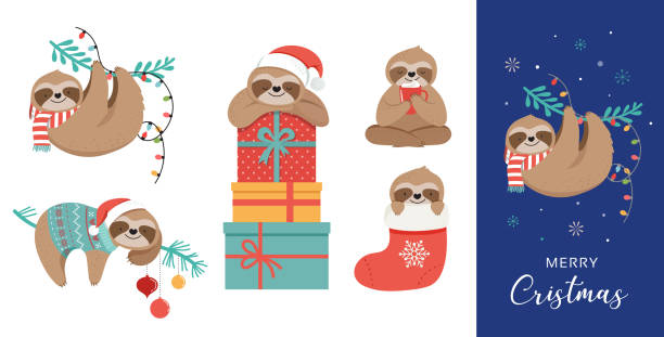 Cute sloths, funny Christmas illustrations with Santa Claus costumes, hat and scarfs, greeting cards set, banner Cute sloths, funny Christmas illustrations with Santa Claus costumes, hat and scarfs, greeting cards set - stock vector banner lazy stock illustrations