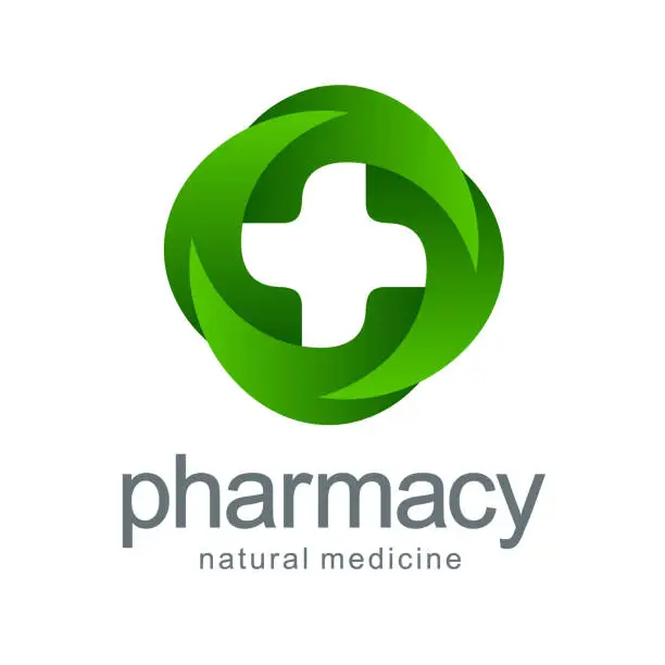 Vector illustration of Vector emblem for  pharmacy. Green cross from the leaves.