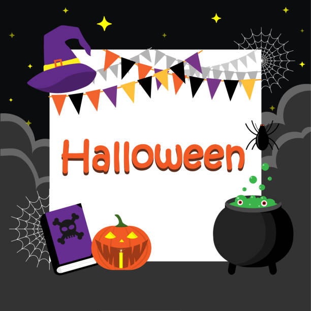 halloween kartka z życzeniami jest czarownica kapelusz, magiczna książka, dynia, pająk, pająk, garnek posion na tle nigth. szablon na halloweenową imprezę. - posion stock illustrations