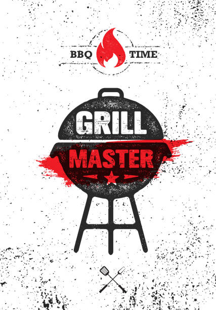 Barbecue Meat On Fire Menu Vector Design Element. Outdoor Meal Creative Rough Sign On Grunge Stained Background. Barbecue Meat On Fire Menu Vector Design Element. Outdoor Meal Creative Rough Sign On Grunge Stained Background. bbq logos stock illustrations