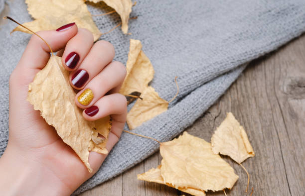 istock Female hand with dark red nail design 1034224680