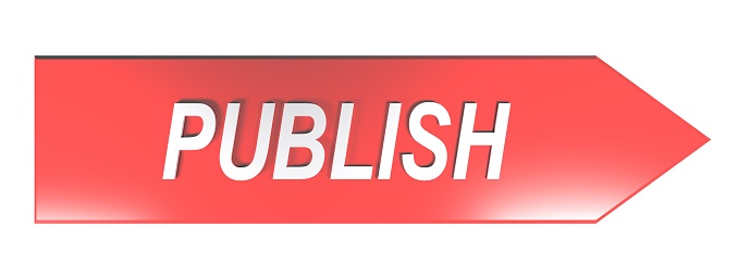 The write PUBLISH in white letters on a red arrow, on white background - 3D rendering illustration