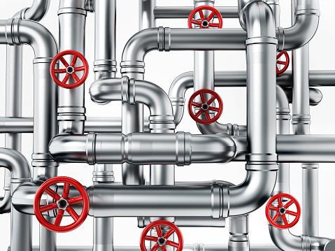 3D illustration of crossing water pipes with red valves.