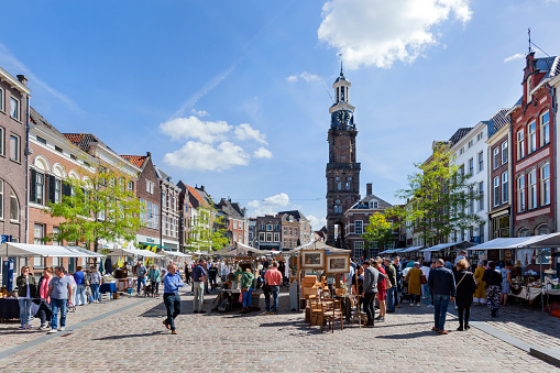 Zutphen, Netherlands – August 26, 2018: Antiques and curiosities market on the Groenmarkt in Zutphen