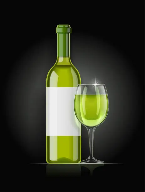 Vector illustration of White wine bottle and wineglass. Concept design for wines menu.