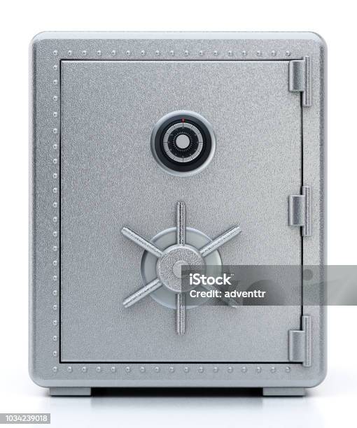 Steel Safe With Closed Door Isolated On White Stock Photo - Download Image Now - Vaulted Door, Safe - Security Equipment, Safety