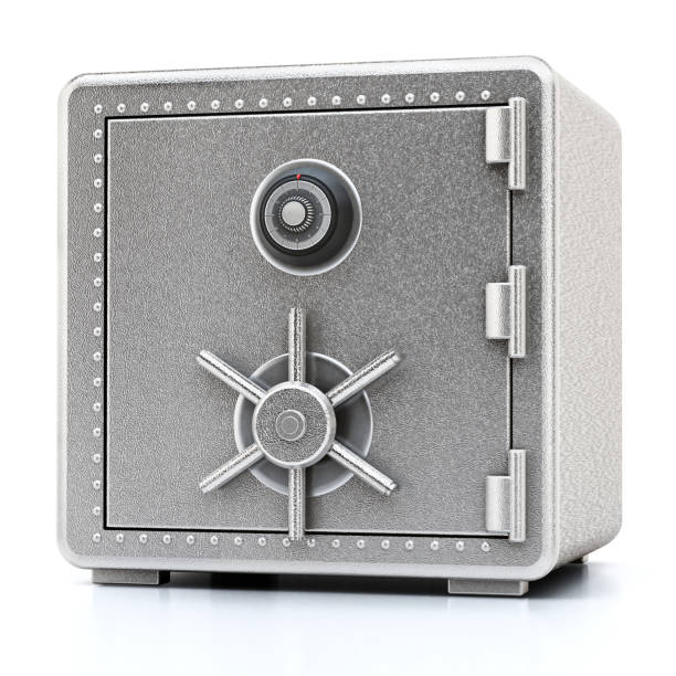istock Steel safe with closed door isolated on white 1034239252
