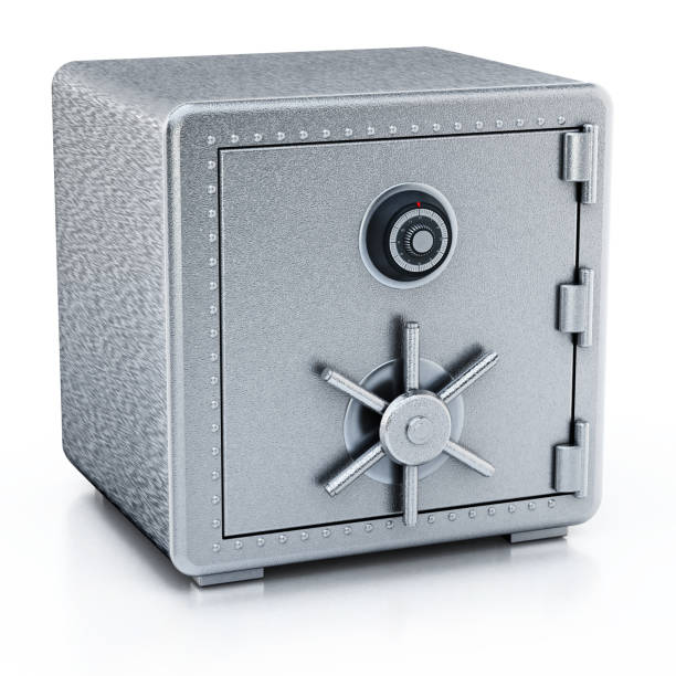 istock Steel safe with closed door isolated on white 1034239334