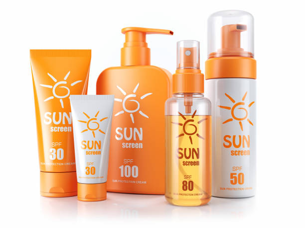 Set of sunscreens. Cream, oil and spray. 3d render. Set of sunscreens. Cream, oil and spray. 3d render. Isolated on white background splash screen stock pictures, royalty-free photos & images