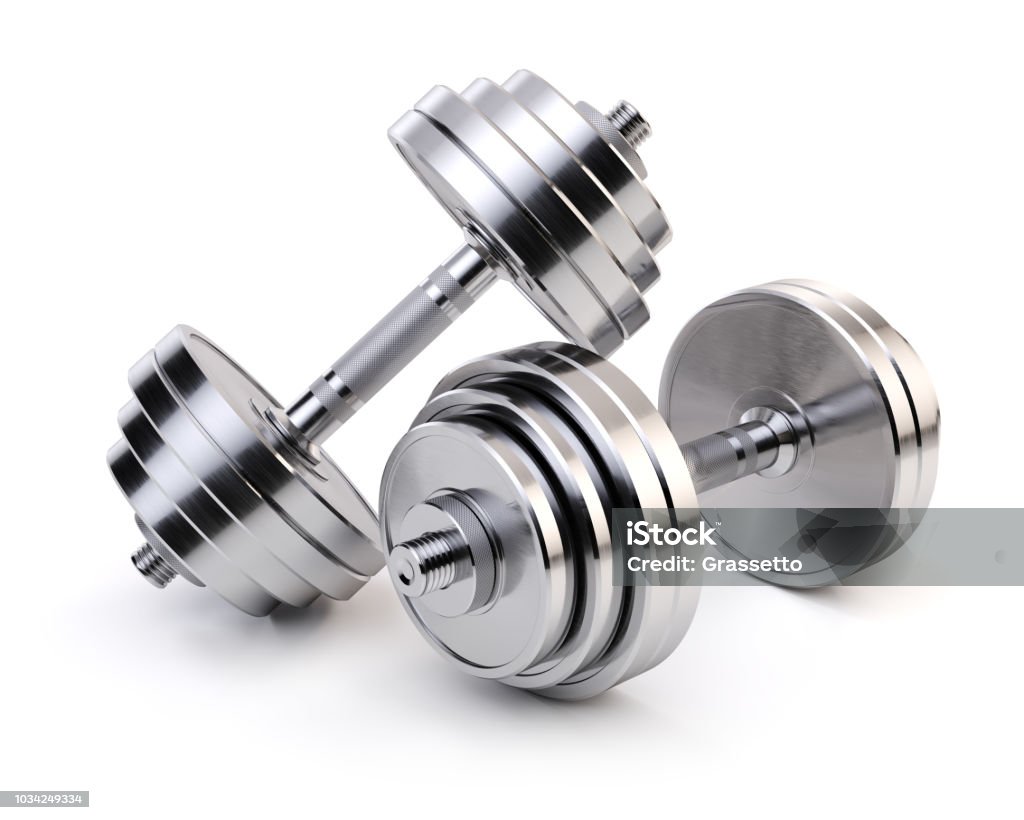 Two chrome dumbbells isolated on white background. Sporting equipment. Two chrome dumbbells isolated on white background. Sporting equipment. 3d render Dumbbell Stock Photo