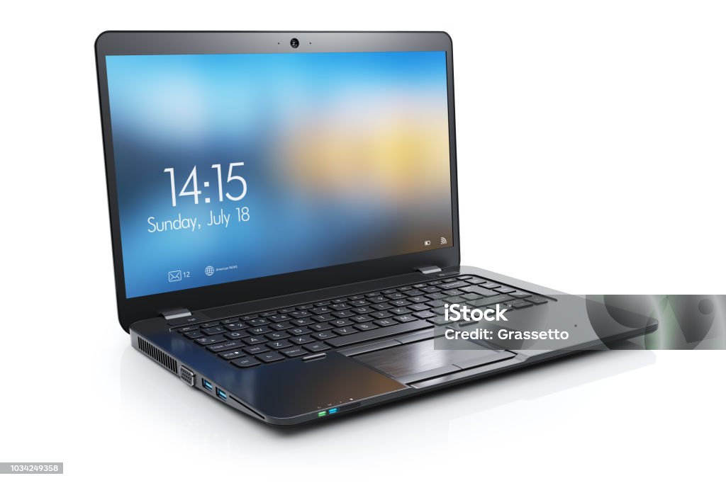 Black modern laptop with open display Black modern laptop with open display. 3d render, Isolated on white background Laptop Stock Photo