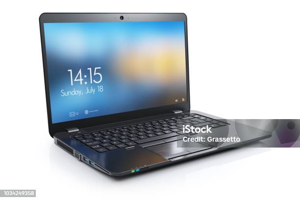 Black Modern Laptop With Open Display Stock Photo - Download Image Now - Laptop, White Background, Cut Out