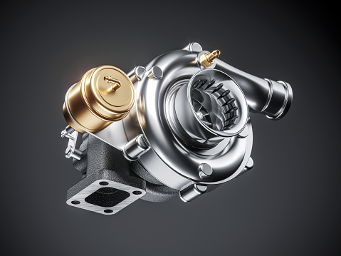 Automobile turbocharger on dark background. 3d render