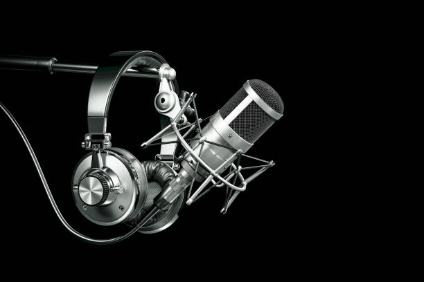 Audio recording studio equipment, Headphones on microphone stand.