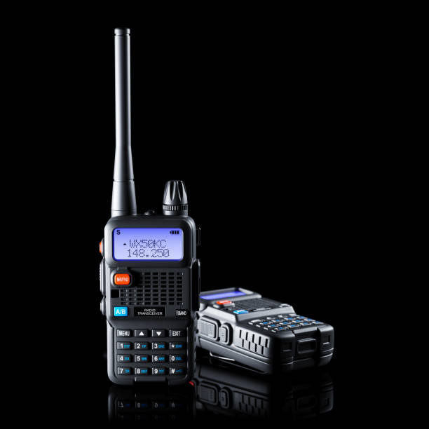 Two of dual band walkie-talkie on black background 3d