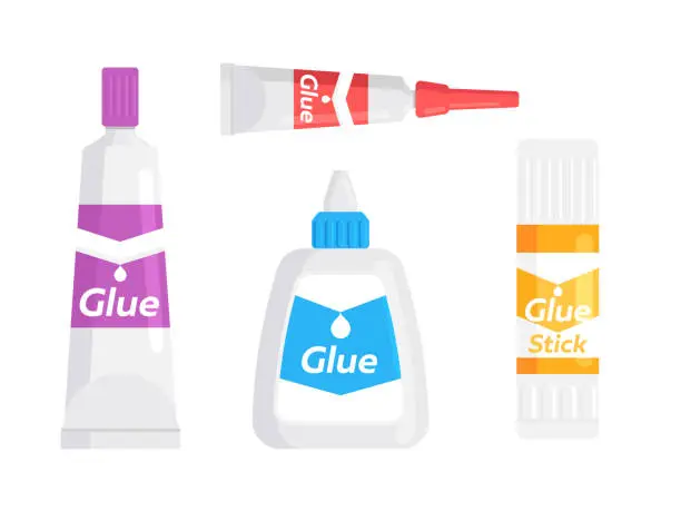 Vector illustration of Glue tube, bottle and stick