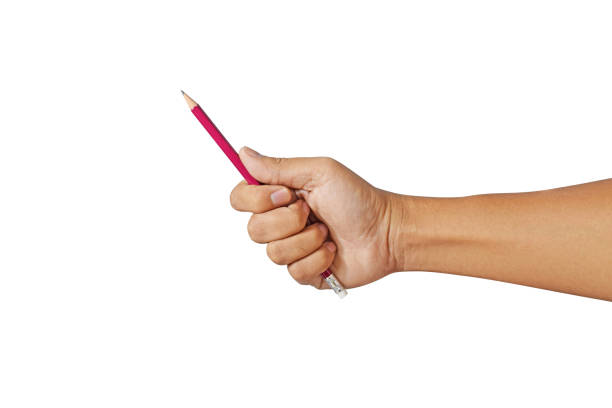 istock Male hand holding a pencil isolated on white with clipping path 1034261466