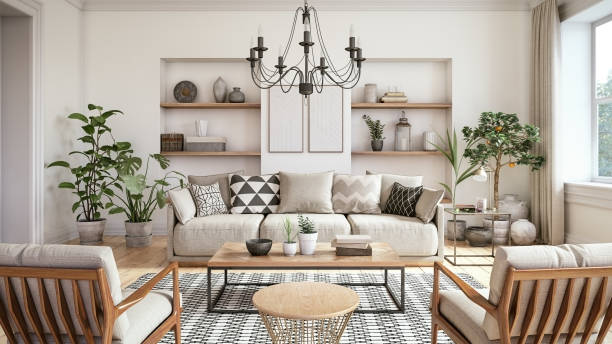 moderno interno del soggiorno scandinavo - rendering 3d - chandelier foto e immagini stock