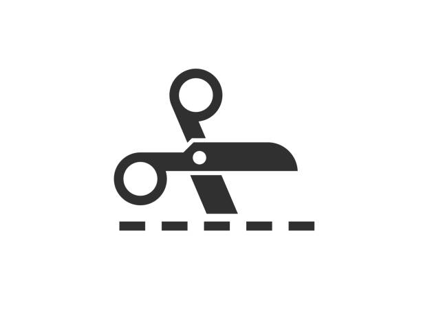 Scissors icon with cut lines isolated on white backgrouns. Vector symbol