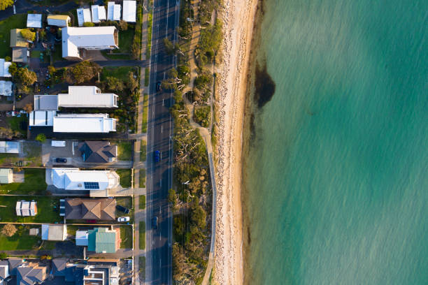 Mount Martha Bathing Huts Aerial Aerial photograph of the Mount Martha bathing huts. mornington peninsula photos stock pictures, royalty-free photos & images