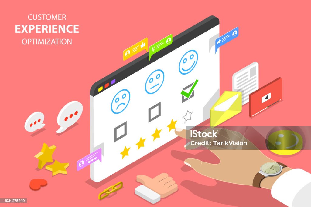 Customer experience optimization isometric flat vector concept. Isometric flat vector concept of customer experience optimization, crm, relationship management, client rating, user satisfaction. Customer stock vector