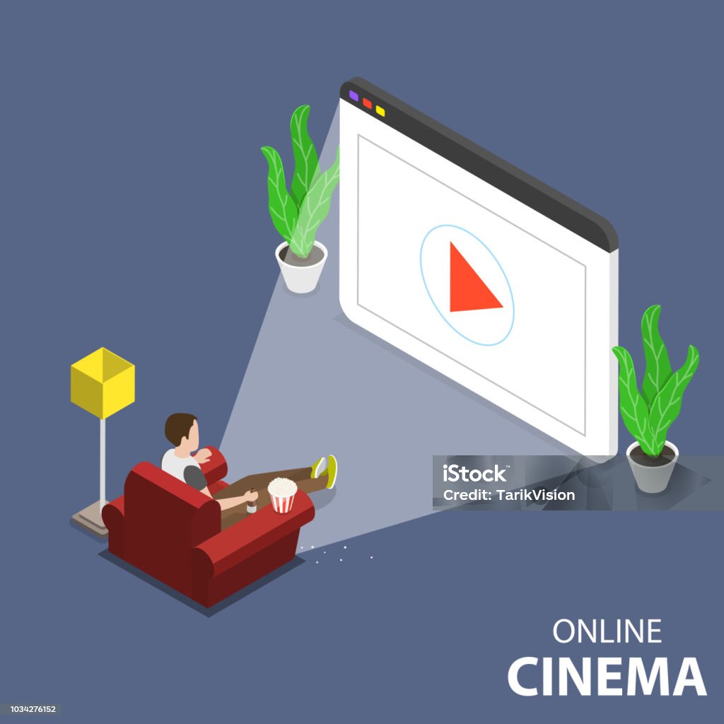 Online home movie theatre flat isometric vector concept. Flat isometric vector concept of online home theatre, mobile movie. Movie Theater stock vector