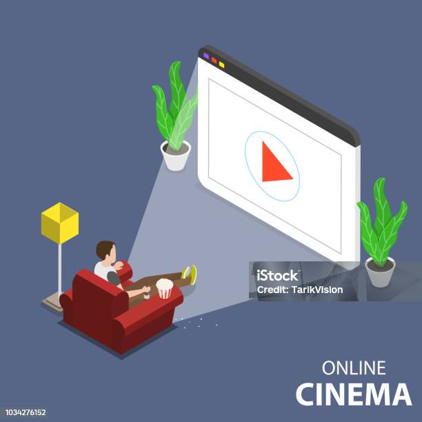 Online Home Movie Theatre Flat Isometric Vector Concept Stock Illustration - Download Image Now