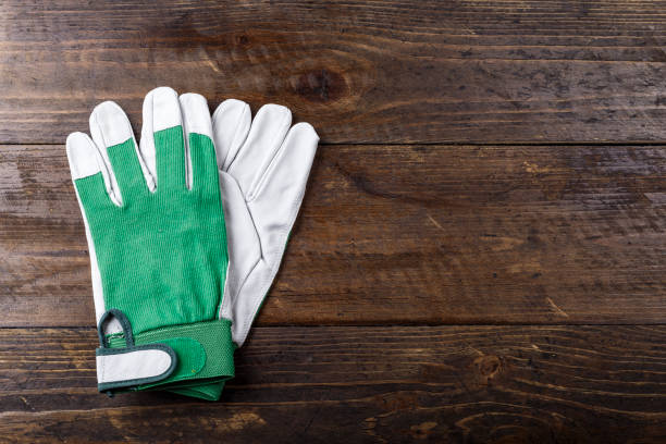 istock clean working gloves white-green on a brown wooden table. 1034276328
