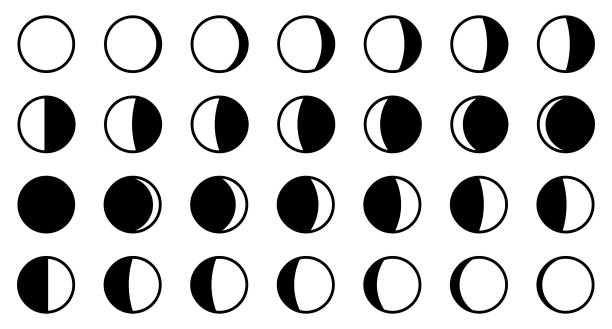 лунный / лунный фазы цикла. все 28 форм на каждый день - новые, полные, воском, убывающий полумесяц, первый, третий квартал, виселия. - solar calendar stock illustrations