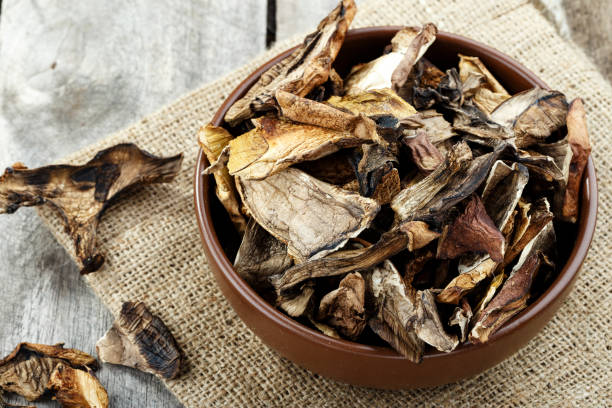 istock Dried mushrooms on a dark wooden background. 1034281742