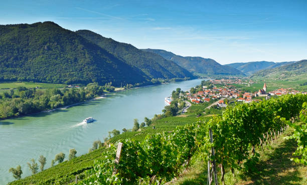 View to the River Danube and "Weissenkirchen an der Donau" - Austria stock photo