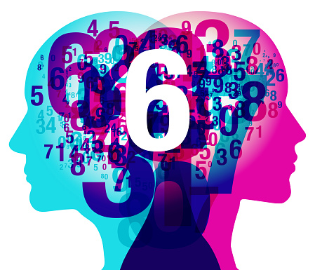 A male and female side silhouette positioned back to back, overlaid with various sized semi-transparent numbers. Overlaid across the centre is a white “6” numeral.