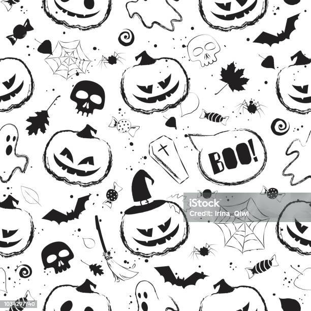 Halloween Black And White Seamless Pattern With Stock Illustration - Download Image Now - Abstract, Animal Body Part, Animal Head