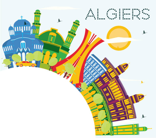 阿爾及利亞阿爾及爾城市天際線, 色彩建築, 藍天和複製空間。 - 阿爾基爾 幅插畫檔、美工圖案、卡通及圖標