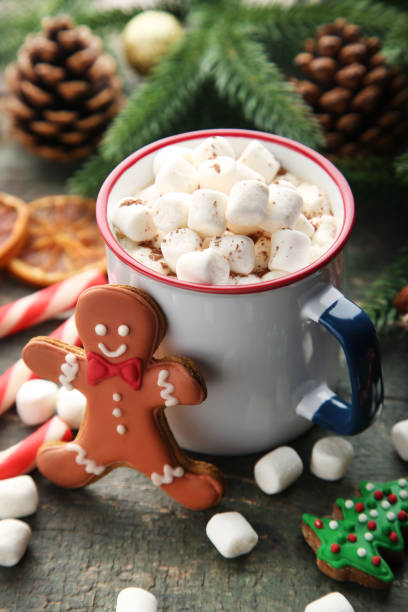 istock Cappuccino with marshmallow in mug with gingerbread cookies on wooden table 1034305600