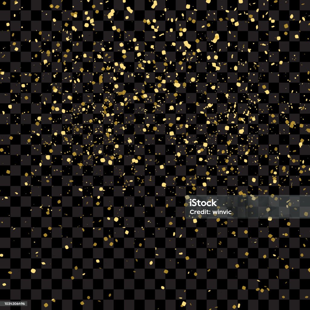 Gold glitter texture isolated on black transparent background, vector illustration. Confetti particles flying in the air, explosion golden fragments concept. Confetti particles flying in the air, explosion golden fragments concept. Gold glitter texture isolated on black transparent background, vector illustration. Gold - Metal stock vector