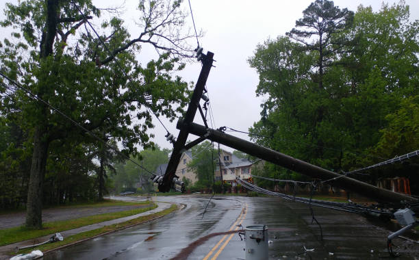 tempête a endommagé un transformateur électrique sur un poteau et un arbre - renverser photos et images de collection