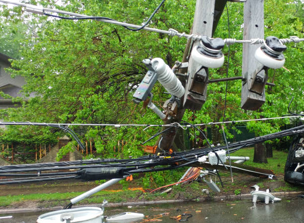 istock Storm damaged electric transformer on a pole and a tree 1034313518