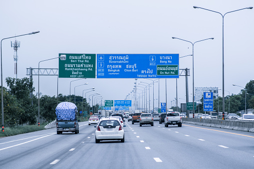 Bangkok, Thailand - 2018 September 9 - Traffic on motorway from Ramindra road to Ramkhamheang road in Bangkok, Thailand
