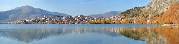 Panoramic  view of north lakeside of Kastoria city in Greece and lake Orestiada on autumn