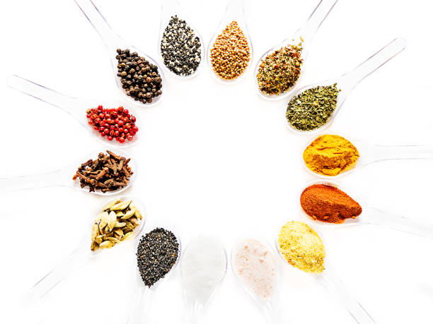 istock Various kinds of spices on plastic spoons isolated on white background 1034318166