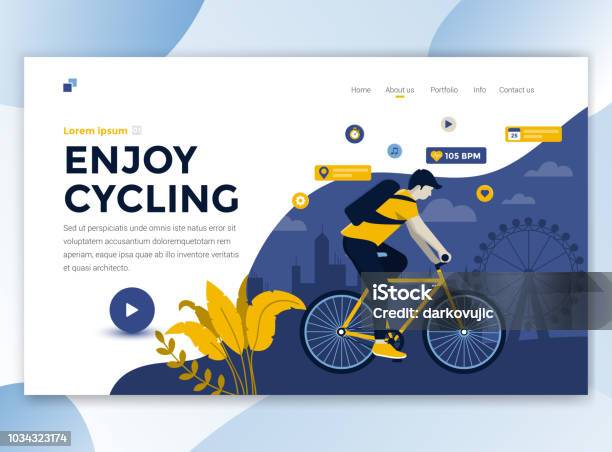 モダンなデザインのサイクリングをお楽しみください ウェブサイト テンプレート - サイクリングのベクターアート素材や画像を多数ご用意 - サイクリング, 自転車, 着陸する