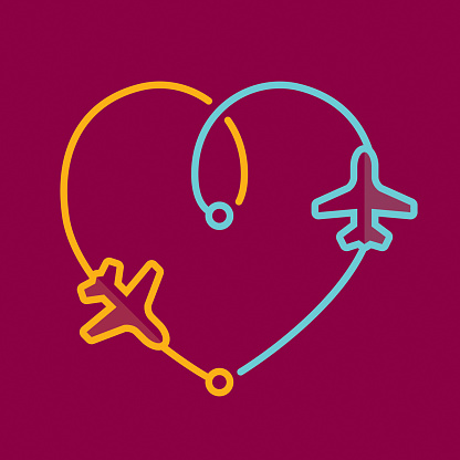Directly above view to single line Yellow and Blue airplane icons leaving a heart shape trace on deep red background. Outline stroke 2px. Romantic transfer illustration concept.