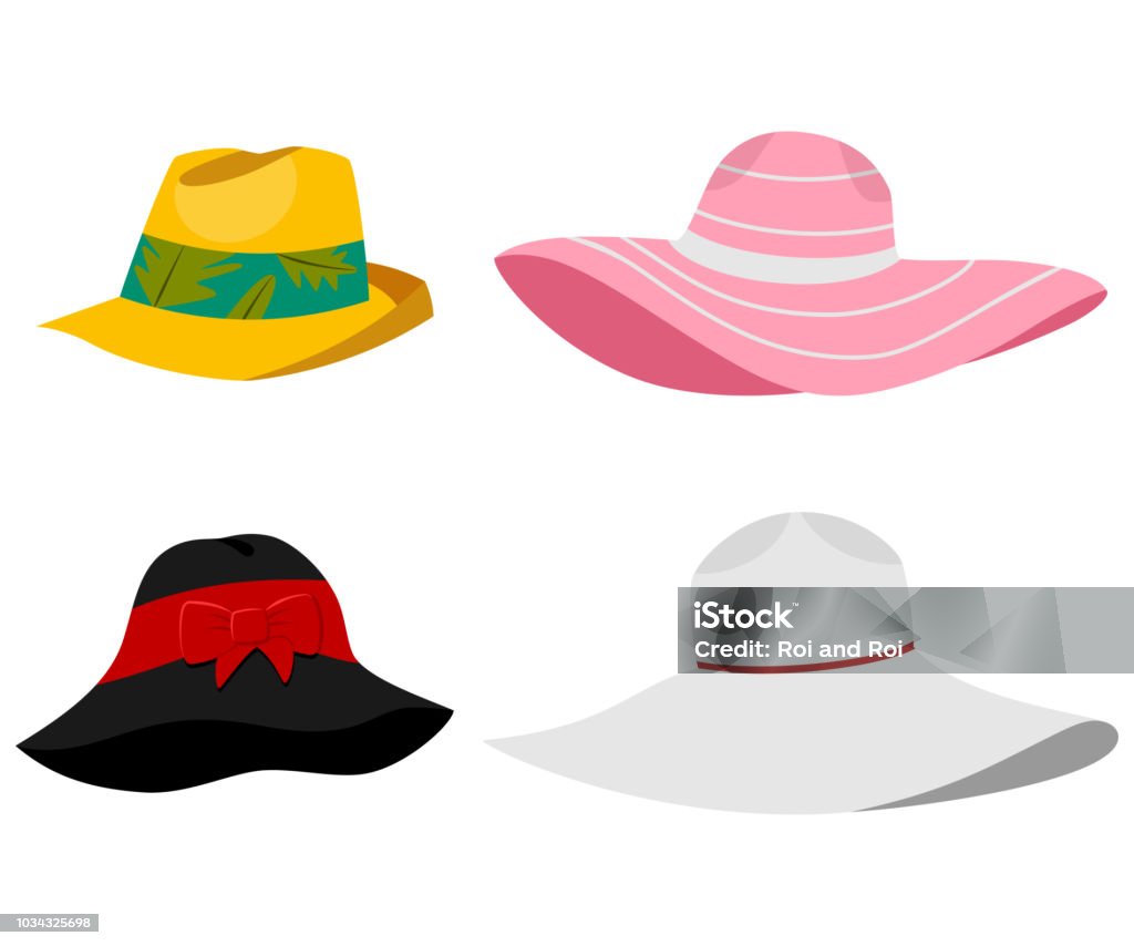 Summer beach hats illustration. Vector flat cartoon set of male and female headdresses isolated on white background. Summer hat vector set. Hat stock vector