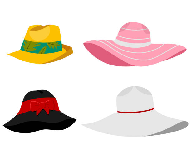 Summer beach hats illustration. Vector flat cartoon set of male and female headdresses isolated on white background. Summer hat vector set. headwear stock illustrations
