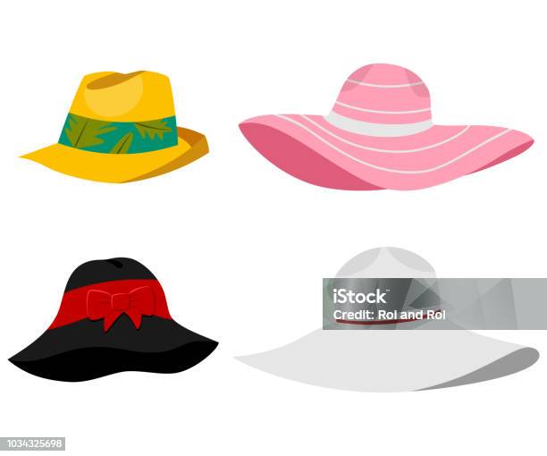 Summer Beach Hats Illustration Vector Flat Cartoon Set Of Male And Female Headdresses Isolated On White Background Stock Illustration - Download Image Now