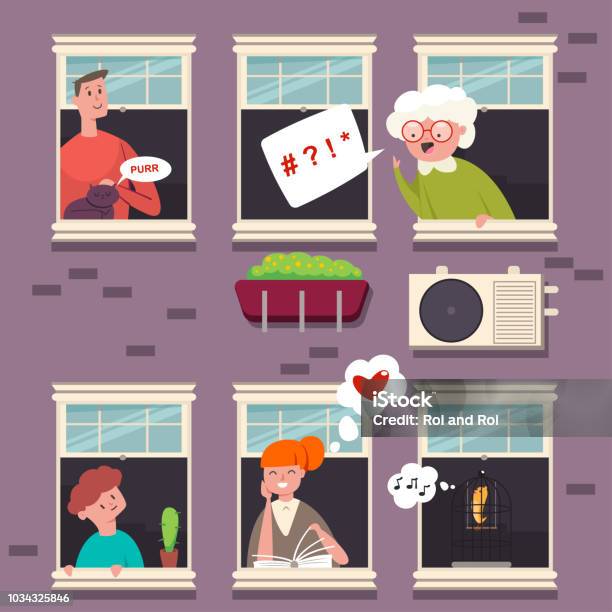 Neighbors In The Windows People Character With A Speech Bubble Vector Cartoon Flat Illustration Of Man Woman Grandmother Kid Cat And Bird In Wood Casement In A Brick Building Stock Illustration - Download Image Now