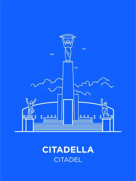 Vector illustration of Citadel line art icon, Europe. Vector art illustration flat design. Citadella fortress in Budapest famous architectural landmark. Historical Hungarian fortification in Buda, tourist destination.