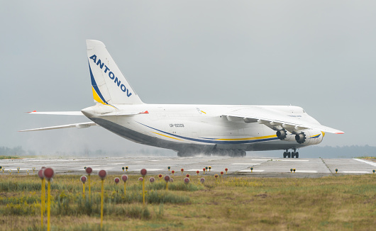 An-124-100M-150 Ruslan Ukrainian aircraft cargo transporter in Gostomel airport in Kyiv, Ukraine. Summer 2018, Antonov cargo airplanes